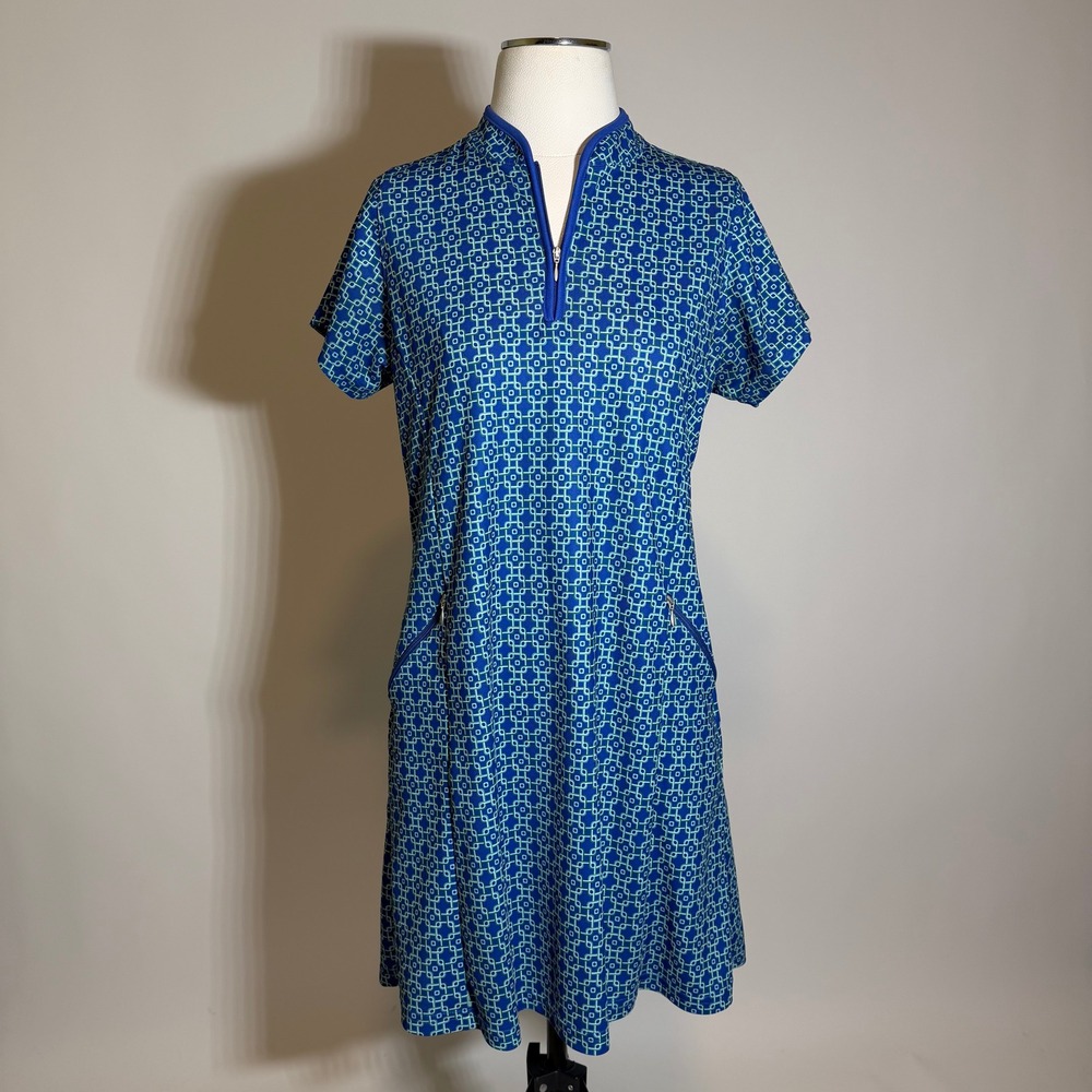 Bermuda Sands UPF 50 Athletic Golf Dress Blue Geo Medium Pockets Tennis Preppy